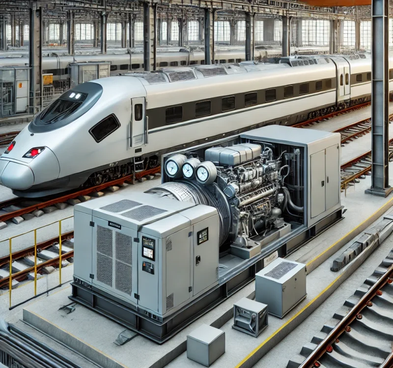 DALL·E 2025-01-14 22.40.27 – A detailed depiction of a diesel generator set installed in a high-speed railway application. The setting is a modern high-speed train maintenance yar DALL·E 2025-01-14 22.40.27 - A detailed depiction of a diesel generator set installed in a high-speed railway application. The setting is a modern high-speed train maintenance yar